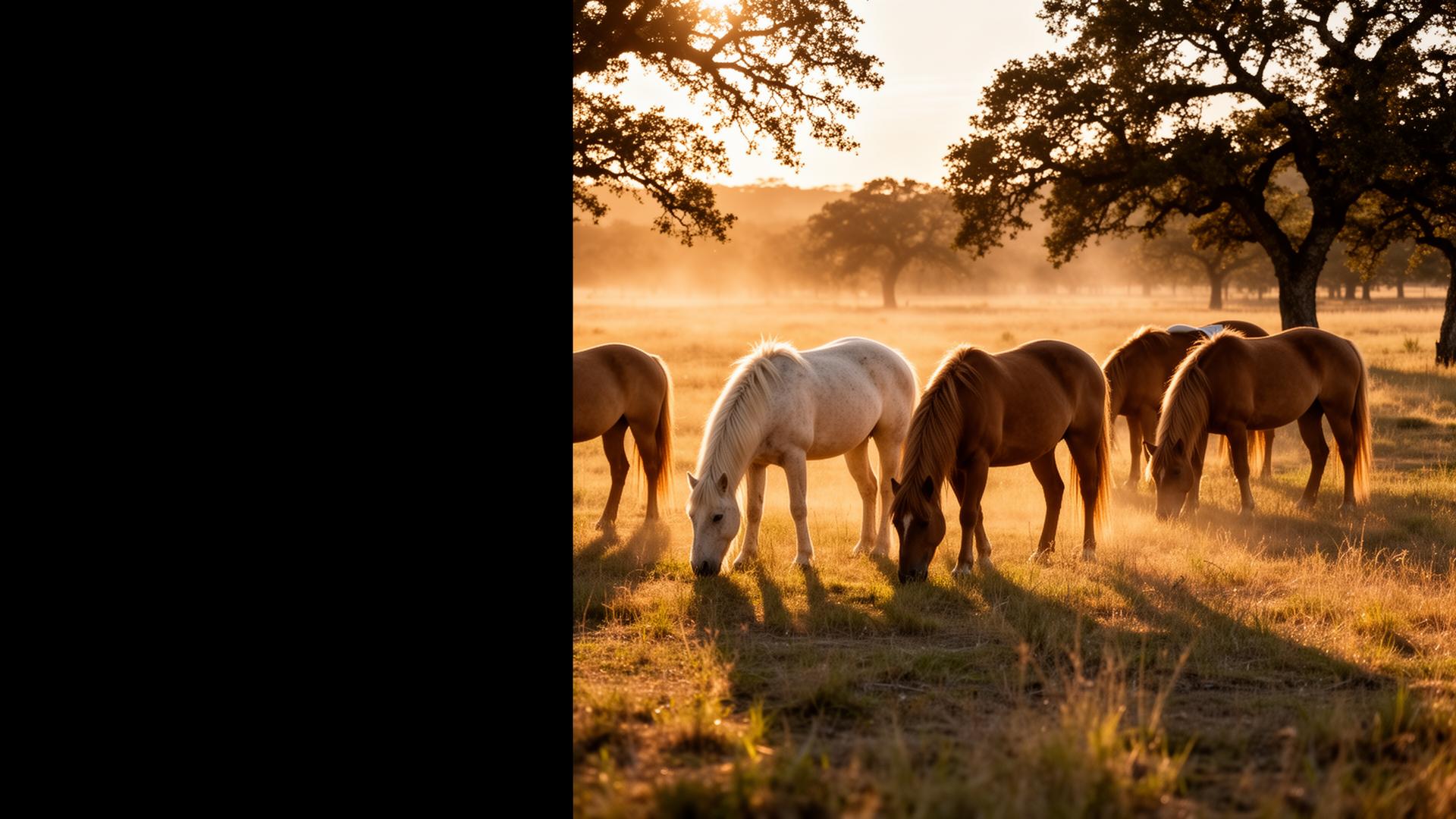Horses grazing at golden hour on Moonwater Ranch